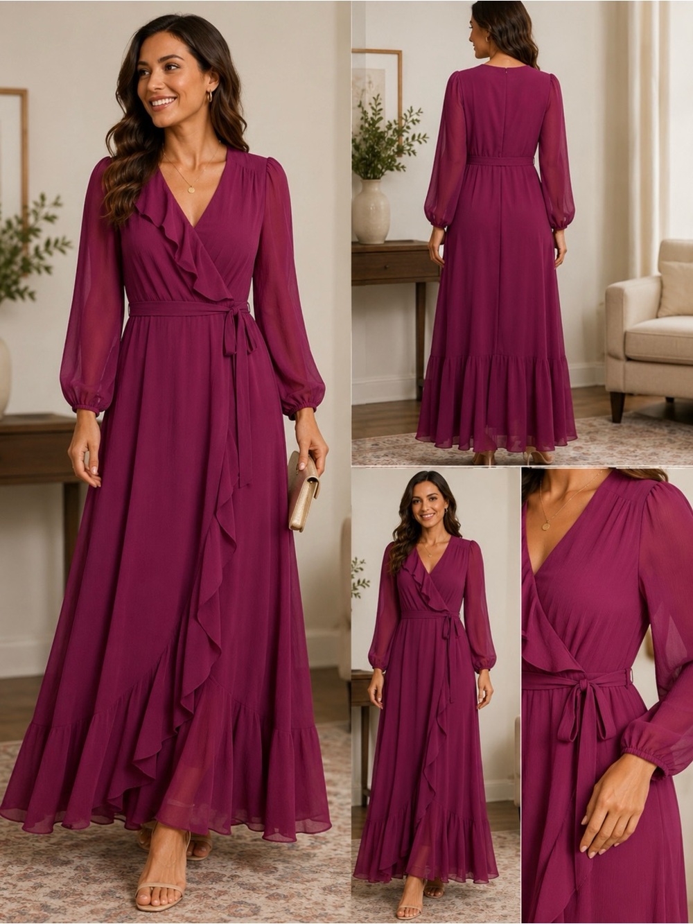 Maison Tara Women’s Size 6 Magenta Ruffle Wrap Maxi Dress Belted
